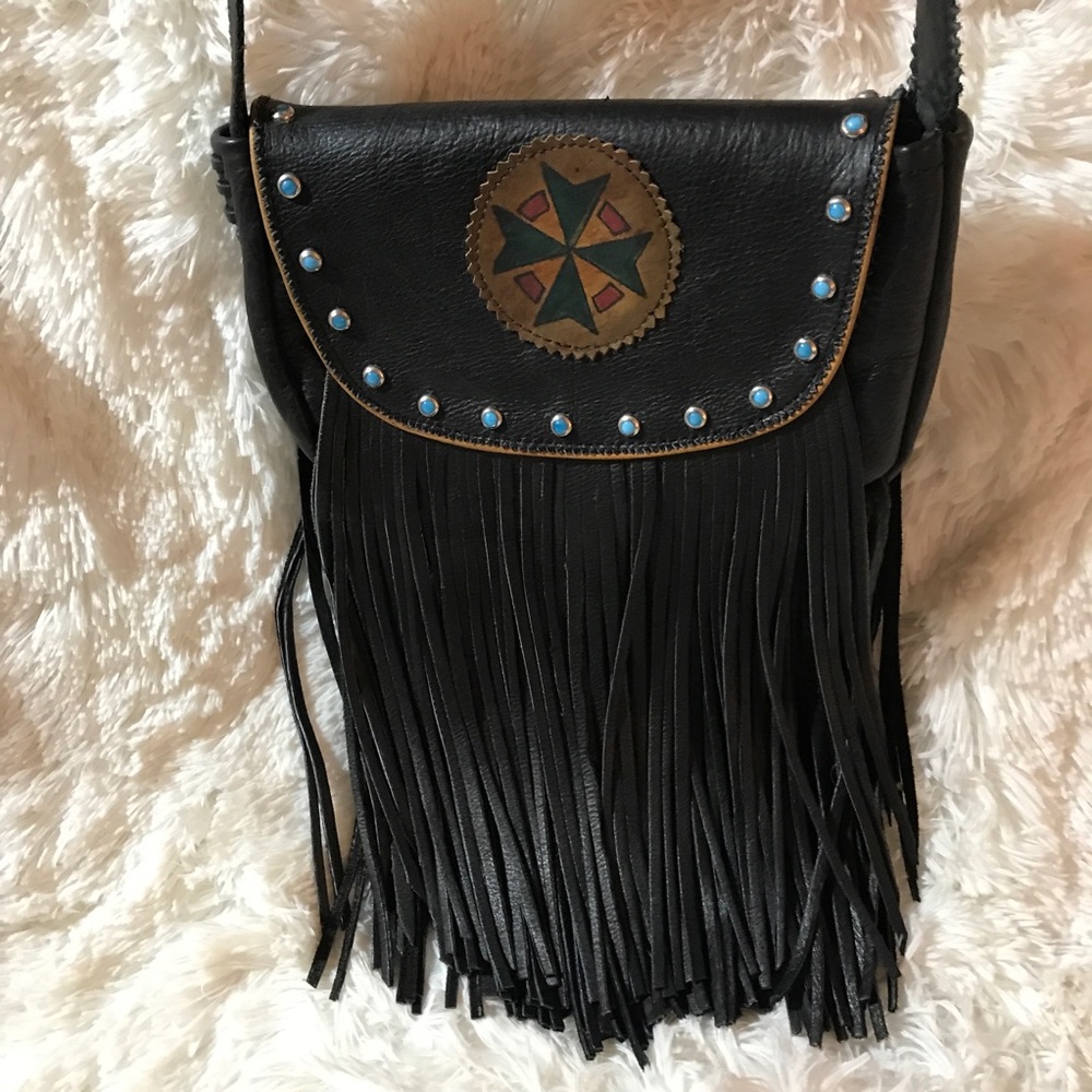 Black leather Celtic crossbody purse w/tassels
